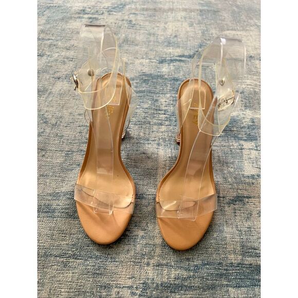 ZriEy Beige Clear Strappy Block Heel Sandal Size 6 - Picture 4 of 9